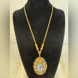 Vintage W German Gold Tone Filigree Necklace Ornate Blue Rhinestones Faux Pearls